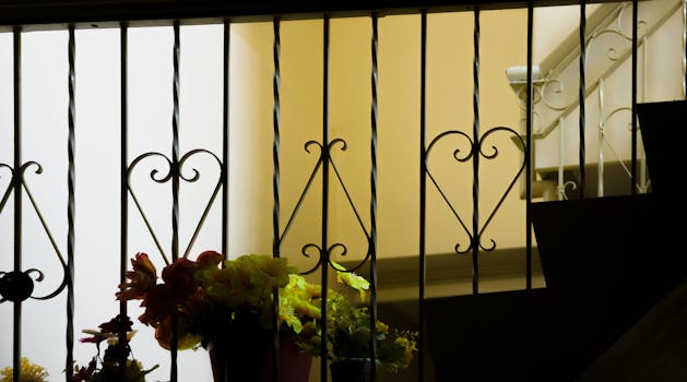 Bright yellow wall behind metal railings decorated with ornamental details near plants in daylight
